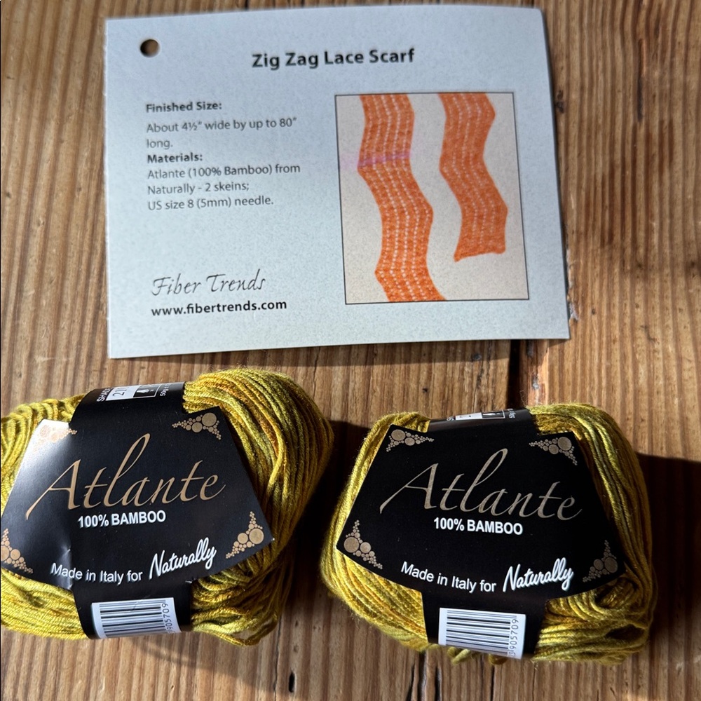 2 skeins Atlante gold 100% Bamboo Yarn with directions to knit lace scarf.